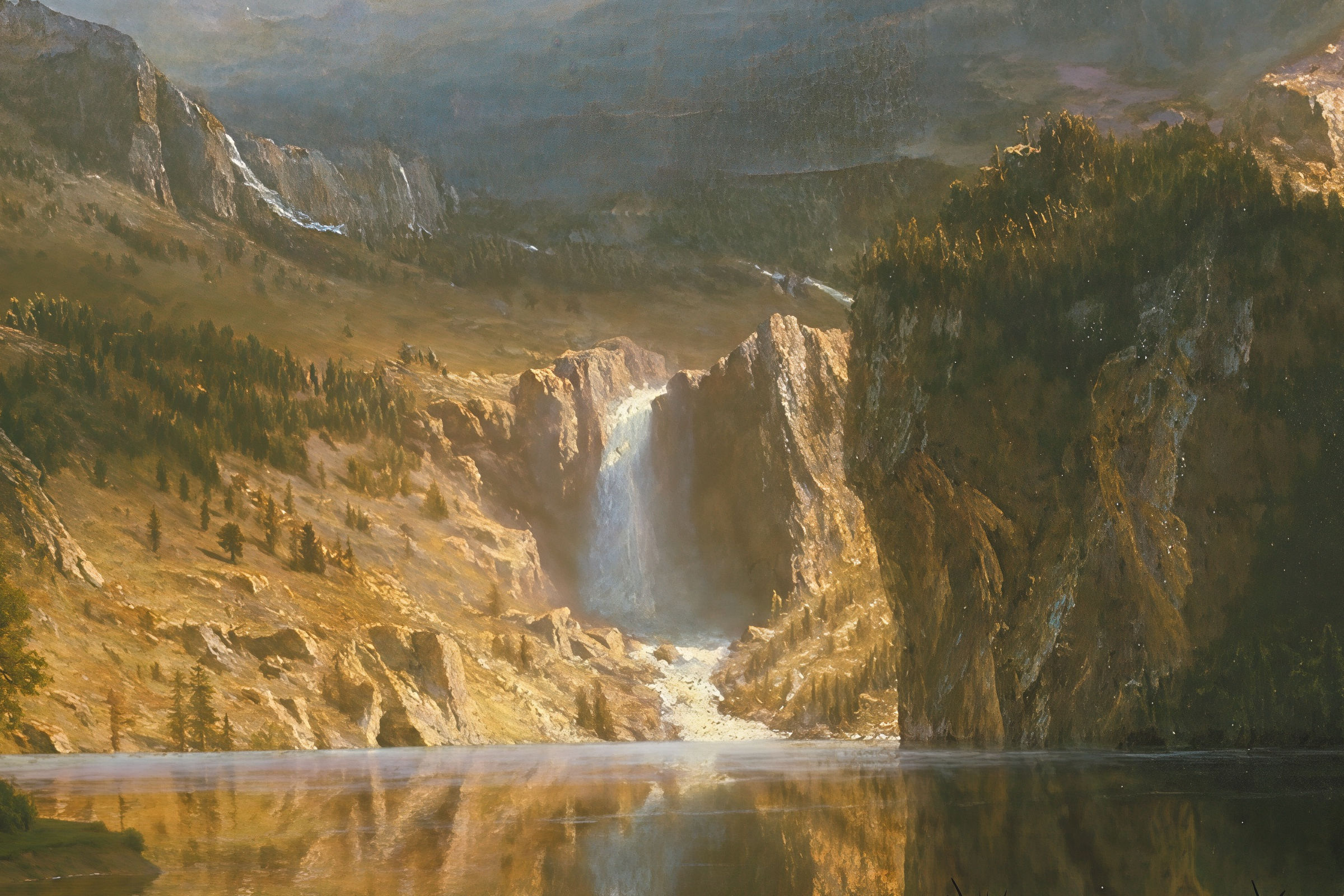 Detail of the waterfall and dramatic mountain lighting.